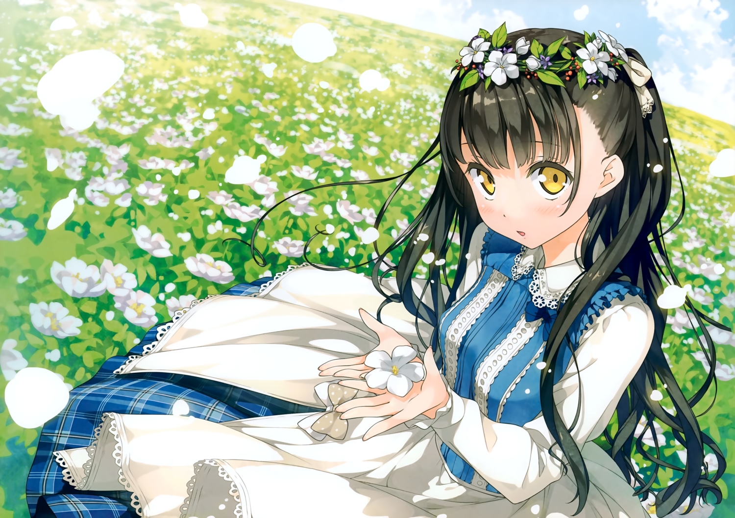 5_nenme_no_houkago, black_hair, blush, flowers, kantoku, long_hair, nagisa_(kantoku), original