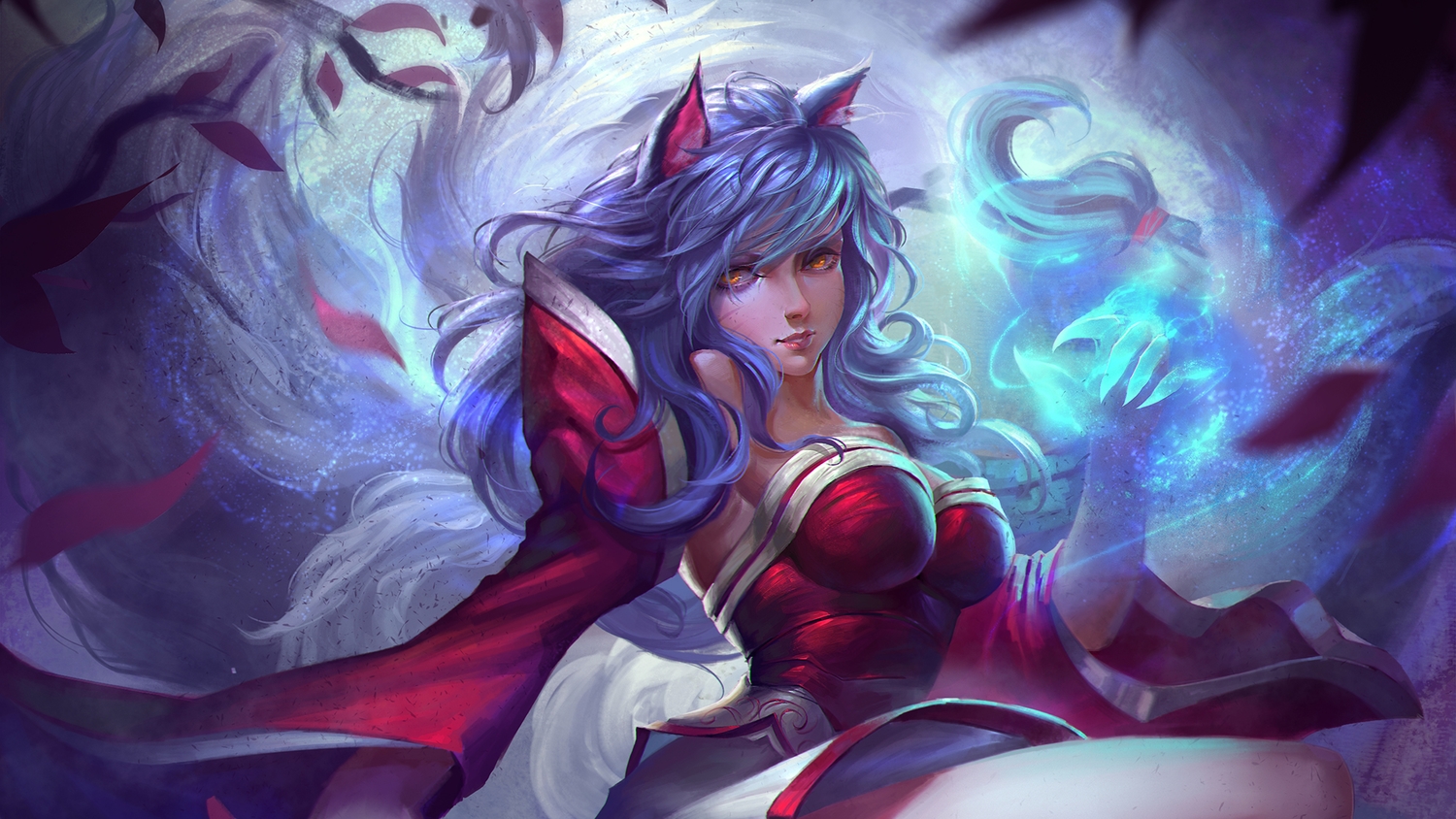 ahri_(league_of_legends), animal_ears, blue_hair, foxgirl, league_of_legends, long_hair, magic, multiple_tails, orange_eyes, tail, x.four