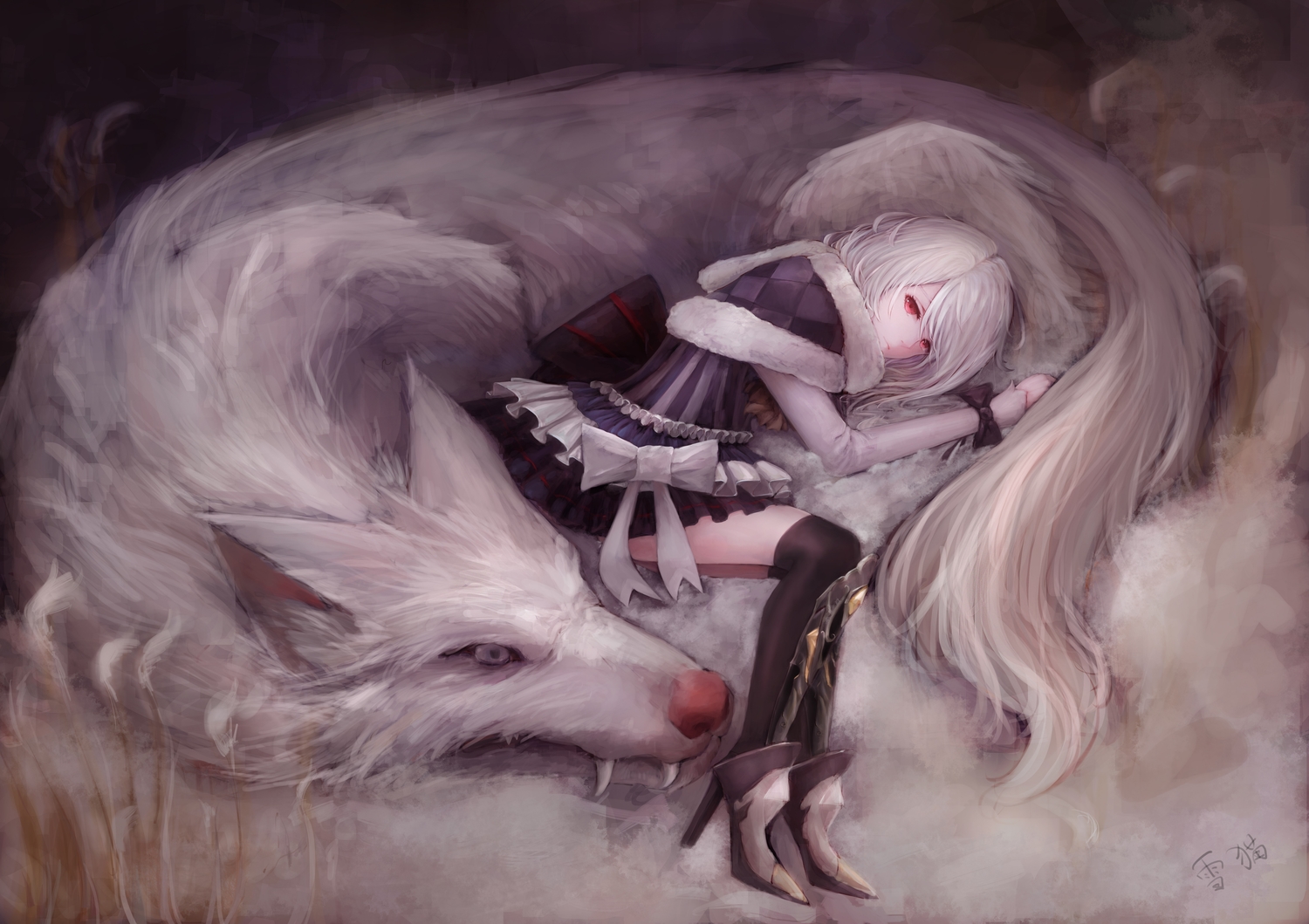animal, animal_ears, bow, dress, original, red_eyes, thighhighs, white_hair, wolf, yukineko