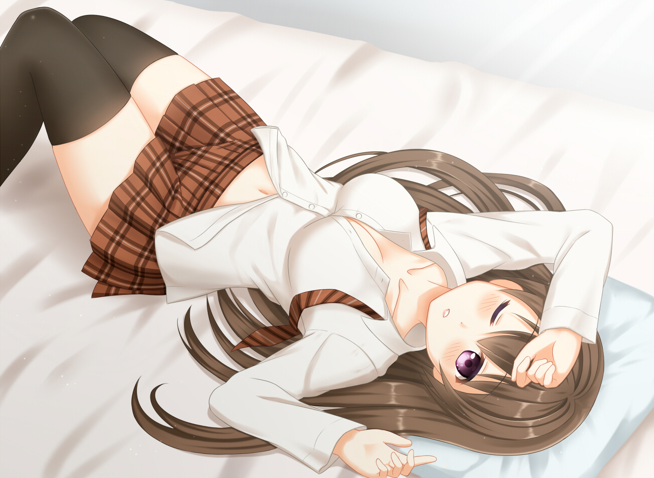 bed, breasts, brown_hair, cleavage, kurisu-kun, long_hair, navel, original, purple_eyes, school_uniform, shirt, thighhighs, wink