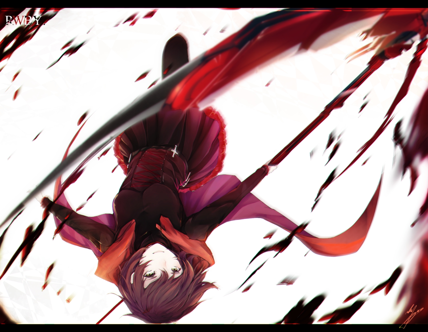 blood, cape, marumoru, ruby_rose, rwby, scythe, short_hair, skirt
