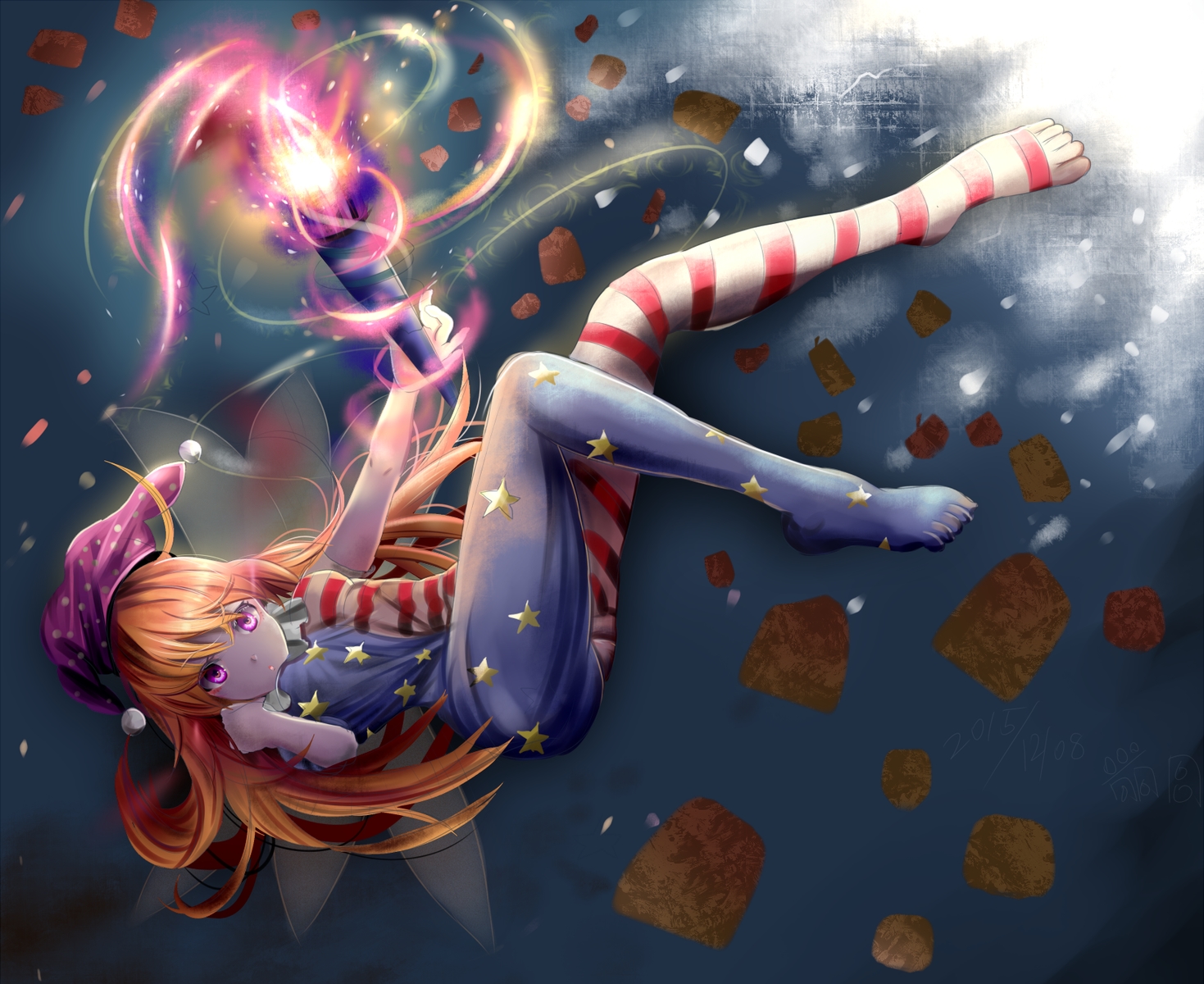 blonde_hair, clownpiece, fairy, fire, hat, houdukixx, long_hair, pantyhose, pink_eyes, touhou