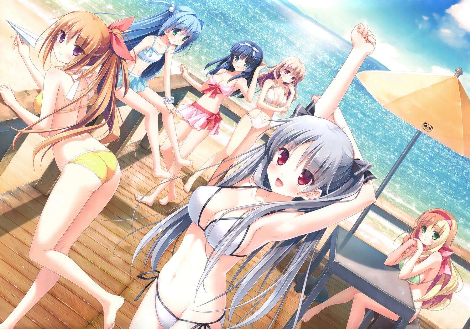 ass, barefoot, beach, bikini, breasts, cleavage, cube, kanekiyo_miwa, kurano_ema, kurano_izumi, kurano-kunchi_no_futago_jijou, kurano_mikoto, kurano_tomoka, kurano_yae, okano_shizuko, scan, swimsuit
