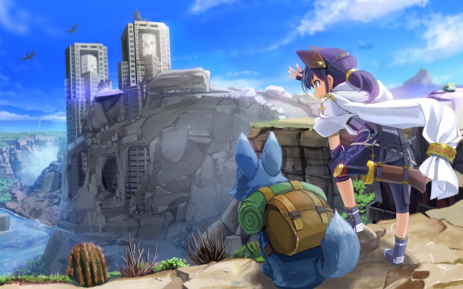 animal, animal_ears, bike_shorts, boots, building, cape, dragon, landscape