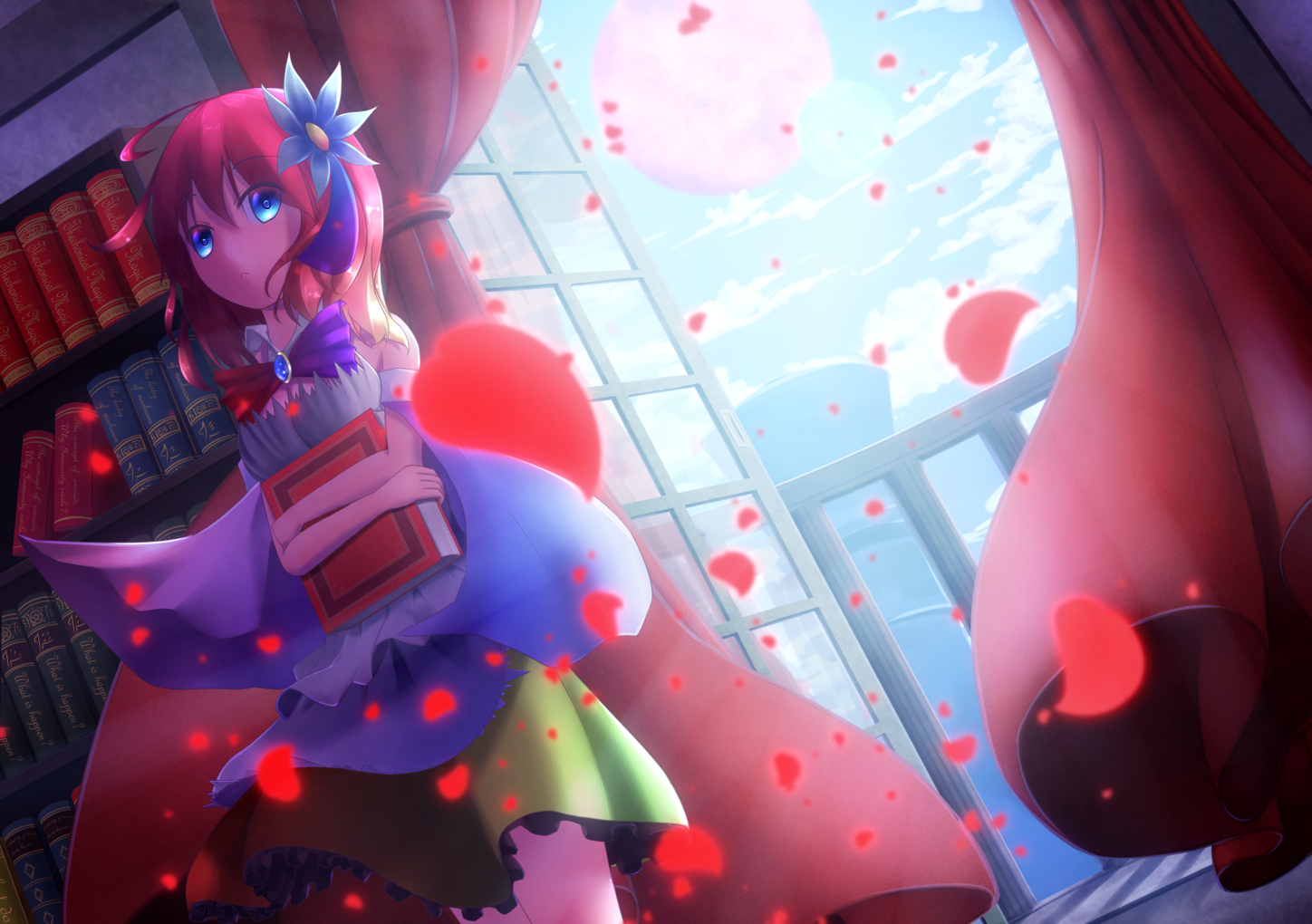 blue_eyes, book, bow, no_game_no_life, petals, red_hair, short_hair, stephanie_dola