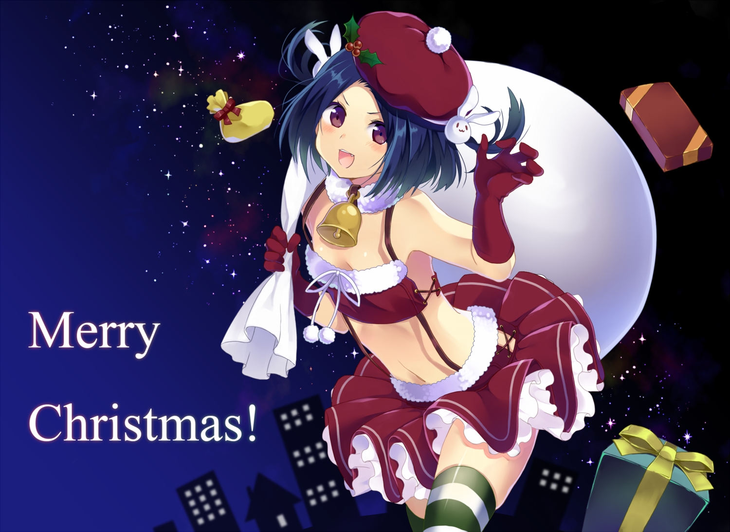 bell, black_hair, blush, christmas, hat, natashya_(pommier), original, short_hair, thighhighs