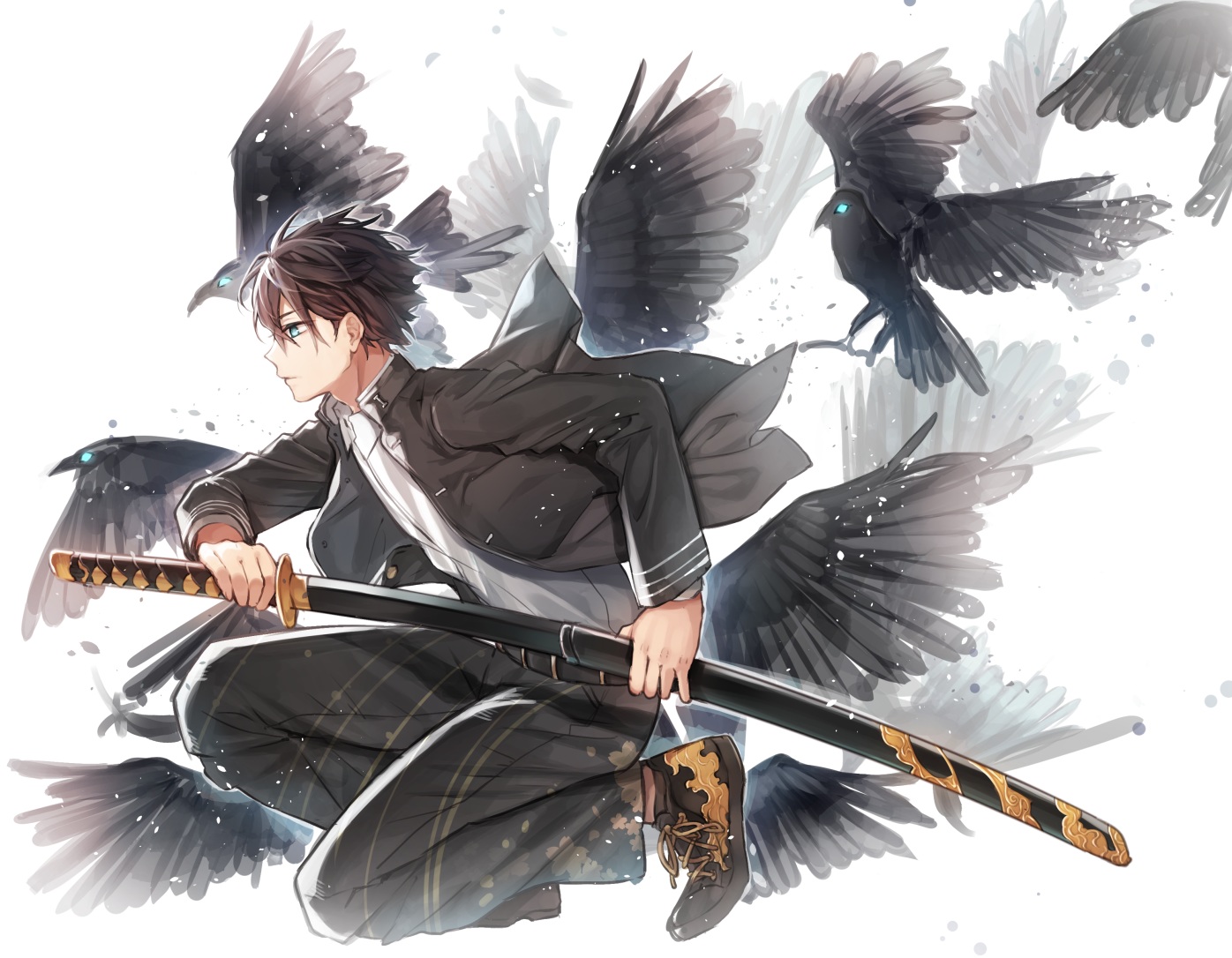 all_male, animal, bird, katana, male, rakugakiii, short_hair, sword