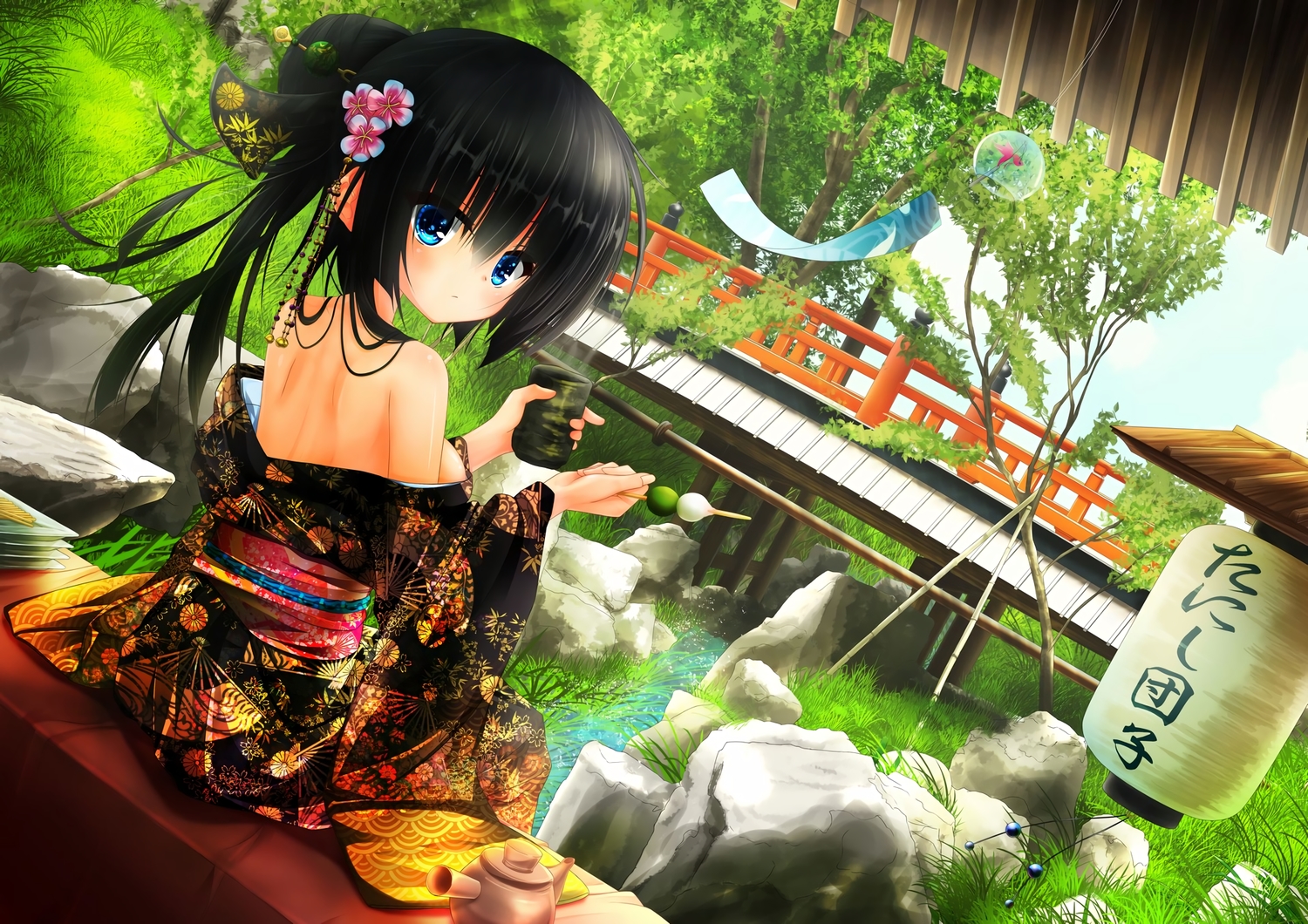 black_hair, blue_eyes, drink, food, grass, japanese_clothes, kimono, long_hair, original, tanishi_0403