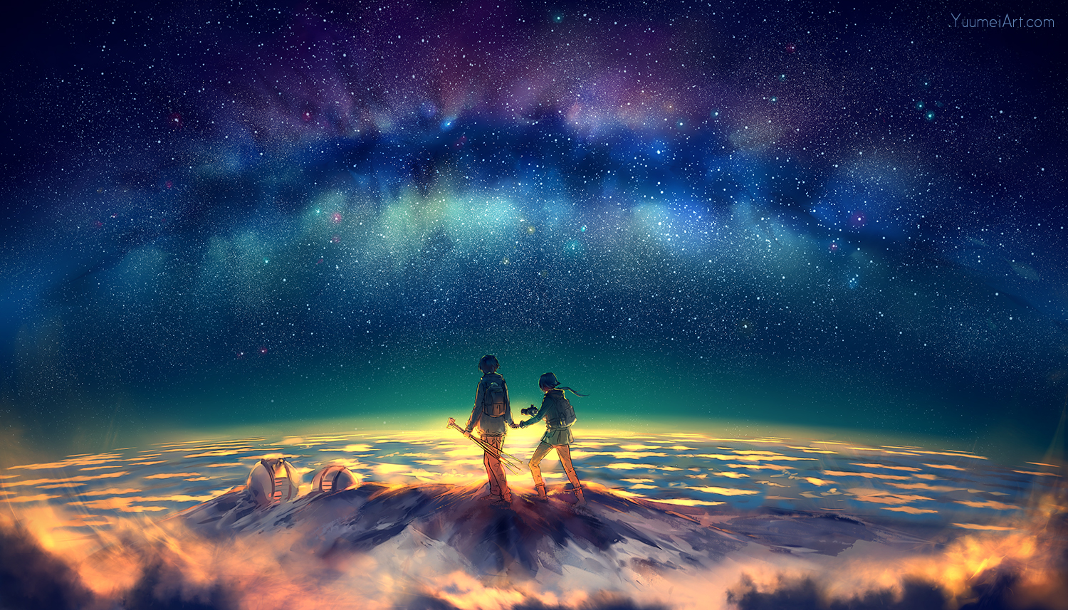 camera, male, original, scenic, sky, stars, watermark, wenqing_yan_(yuumei_art)