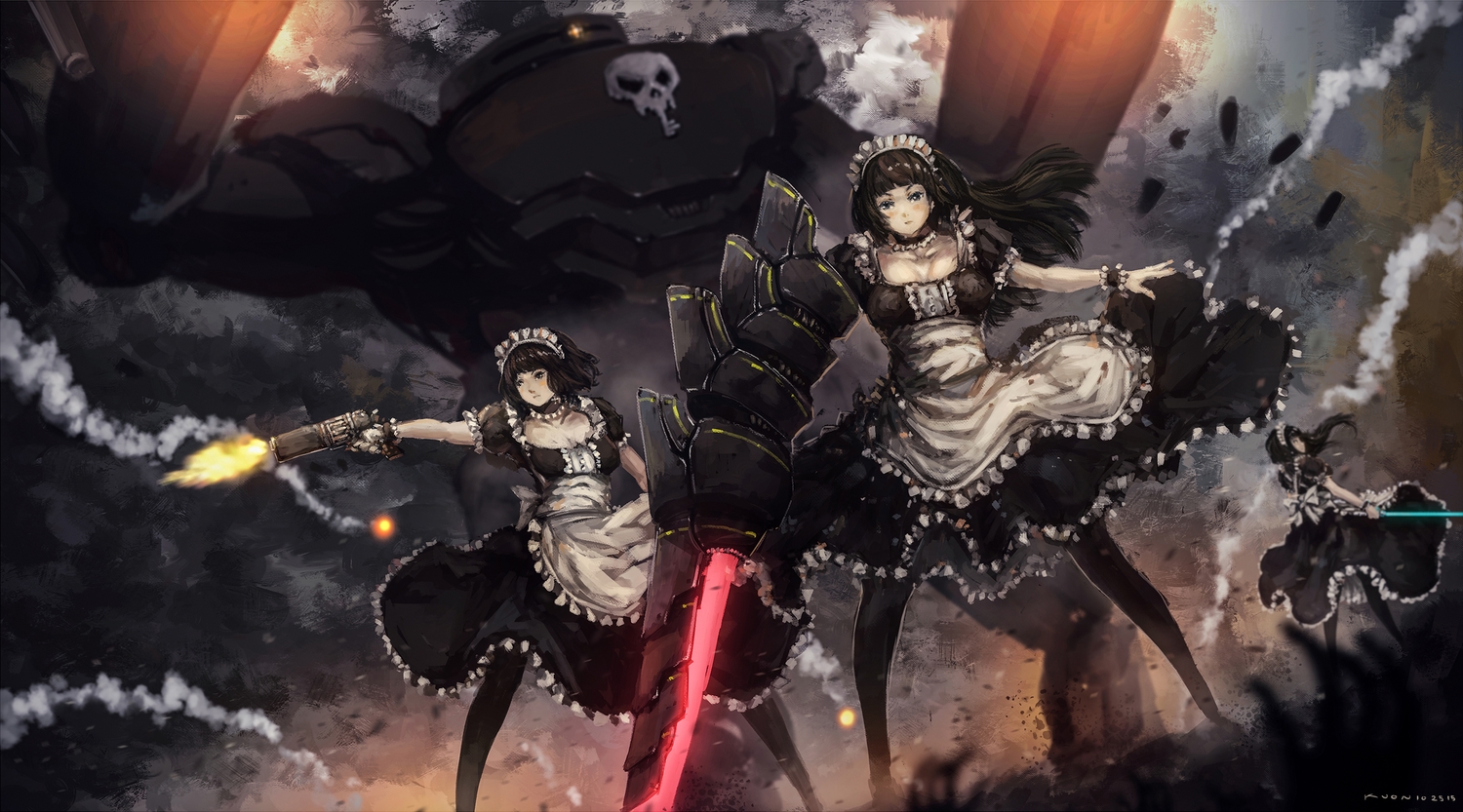 apron, armor, black_hair, gun, headdress, kuon_(kwonchanji), maid, original, sword, weapon