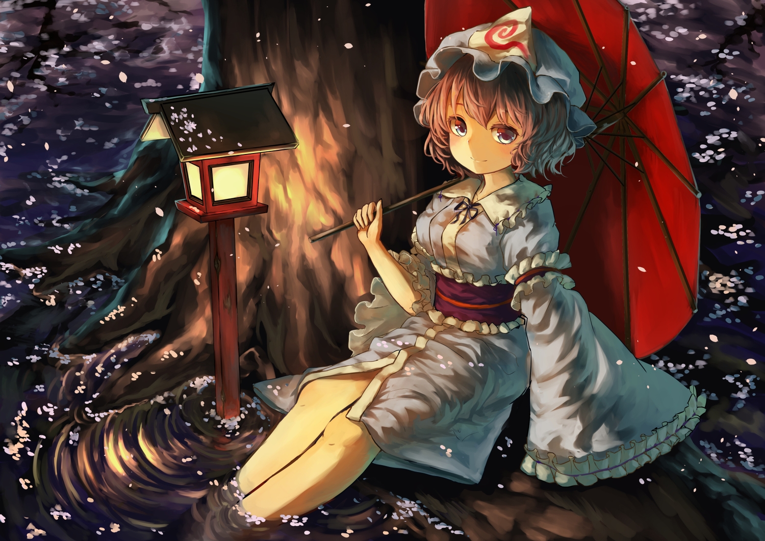 hat, japanese_clothes, loli, petals, pyonsuke0141, saigyouji_yuyuko, touhou, tree