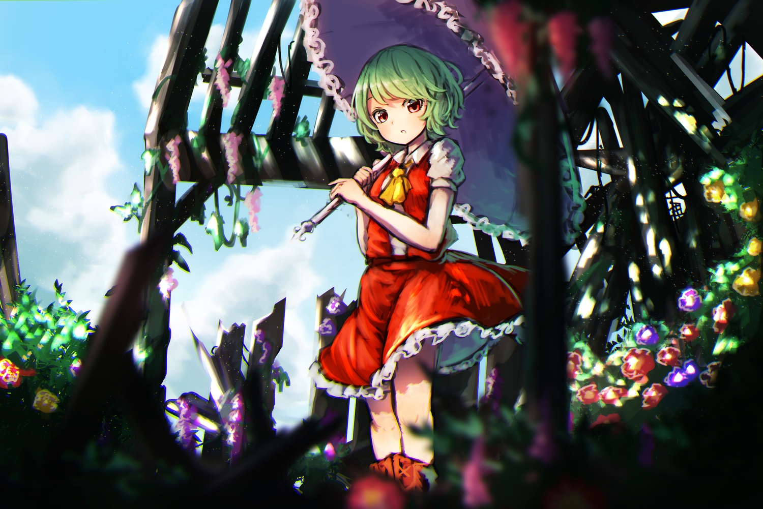 flowers, green_hair, kazami_yuuka, loli, pyonsuke0141, red_eyes, short_hair, skirt