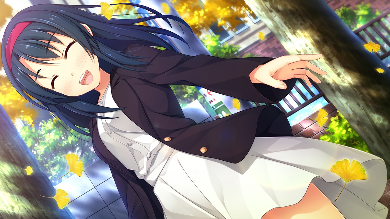 autumn, black_hair, dress, game_cg, headband, kirimi_hikari, leaves, long_hair