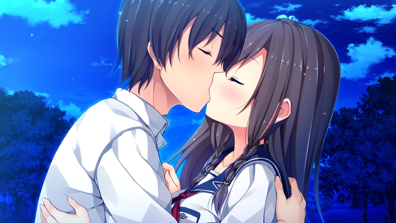 clouds, game_cg, kiss, male, night, school_uniform, sorairo_innocent, tree