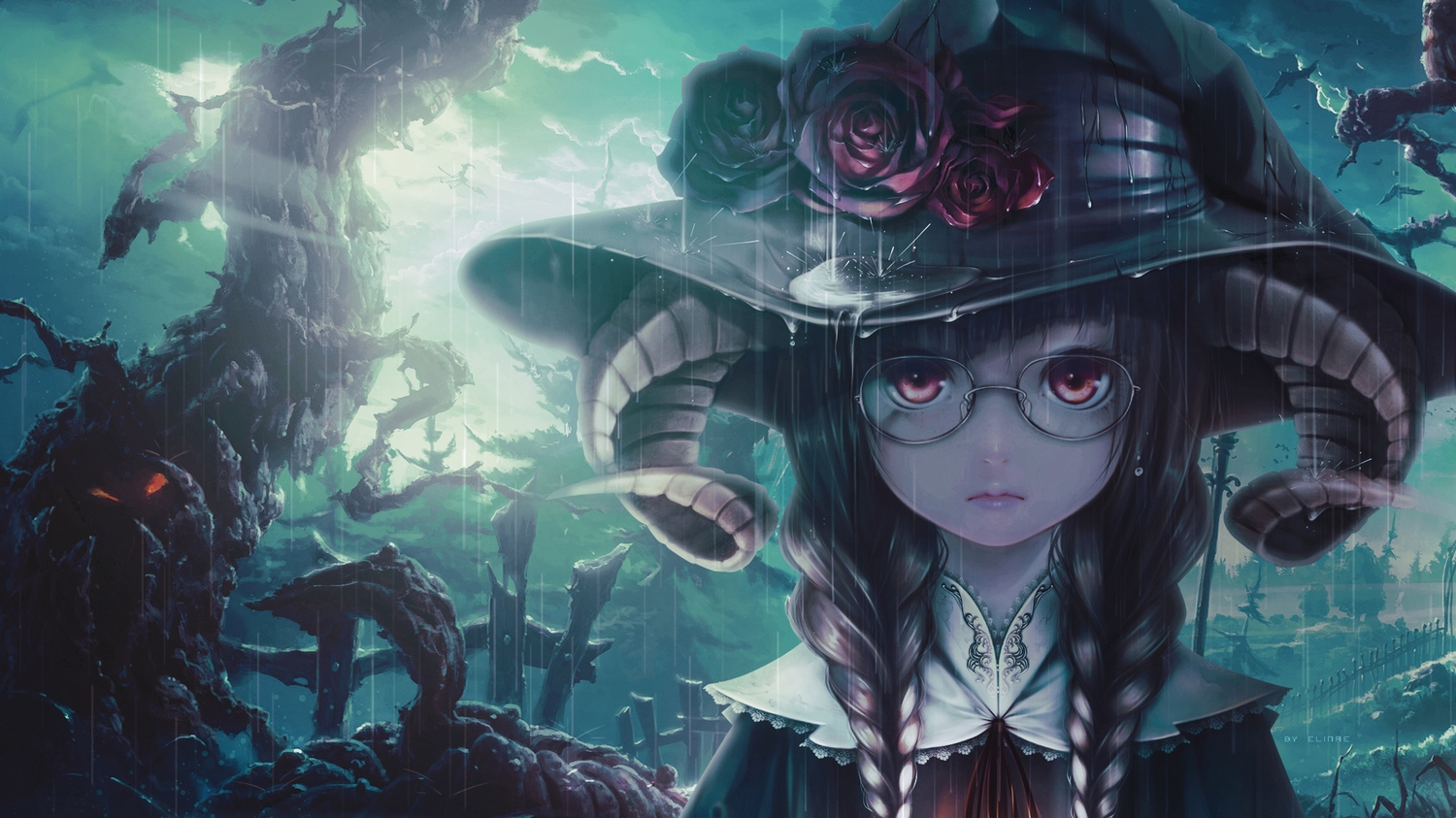 bouno_satoshi, brown_hair, clouds, flowers, glasses, halloween, hat, horns