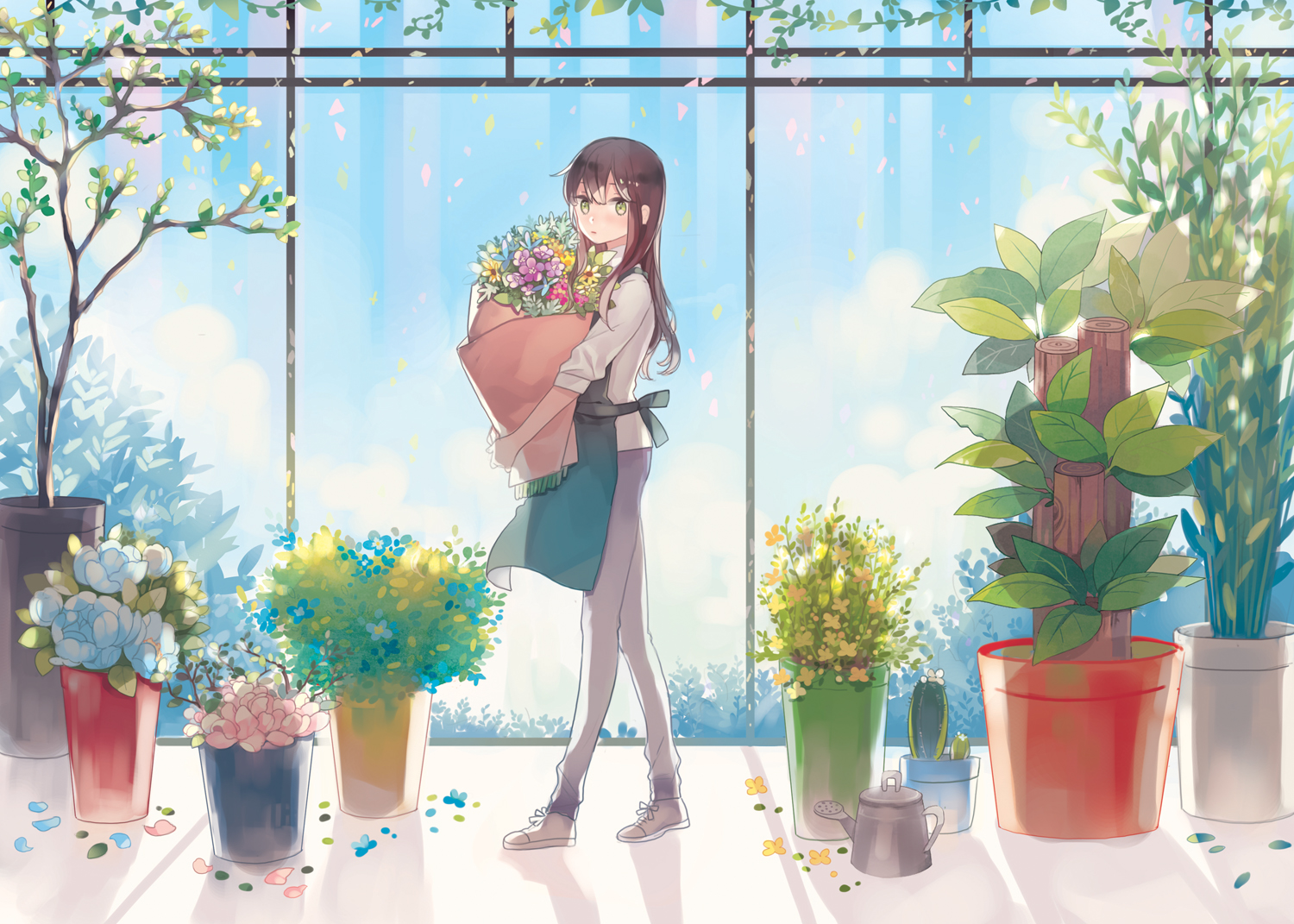 apron, brown_hair, clouds, flowers, green_eyes, idolmaster, idolmaster_cinderella_girls, kyang692, petals, shibuya_rin