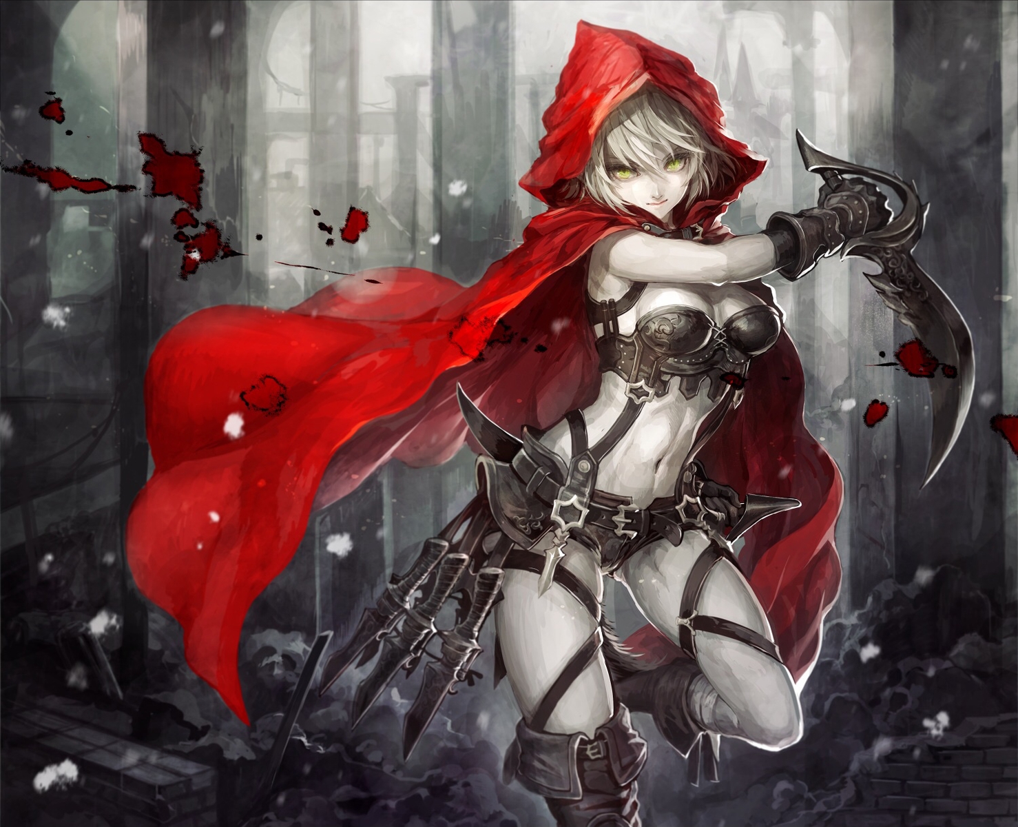 armor, blood, breasts, cape, cleavage, hood, little_red_riding_hood, navel, original, red_riding_hood, senano-yu, sword, weapon, white_hair, yellow_eyes