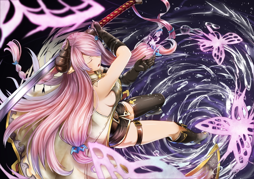 boots, breasts, gloves, granblue_fantasy, horns, iroia, katana, long_hair, narmaya_(granblue_fantasy), pink_hair, sideboob, sword, thighhighs, water, weapon