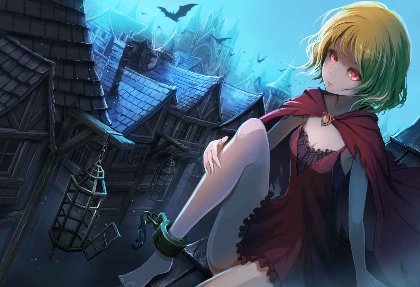animal, barefoot, bat, breasts, building, cape, city, cleavage