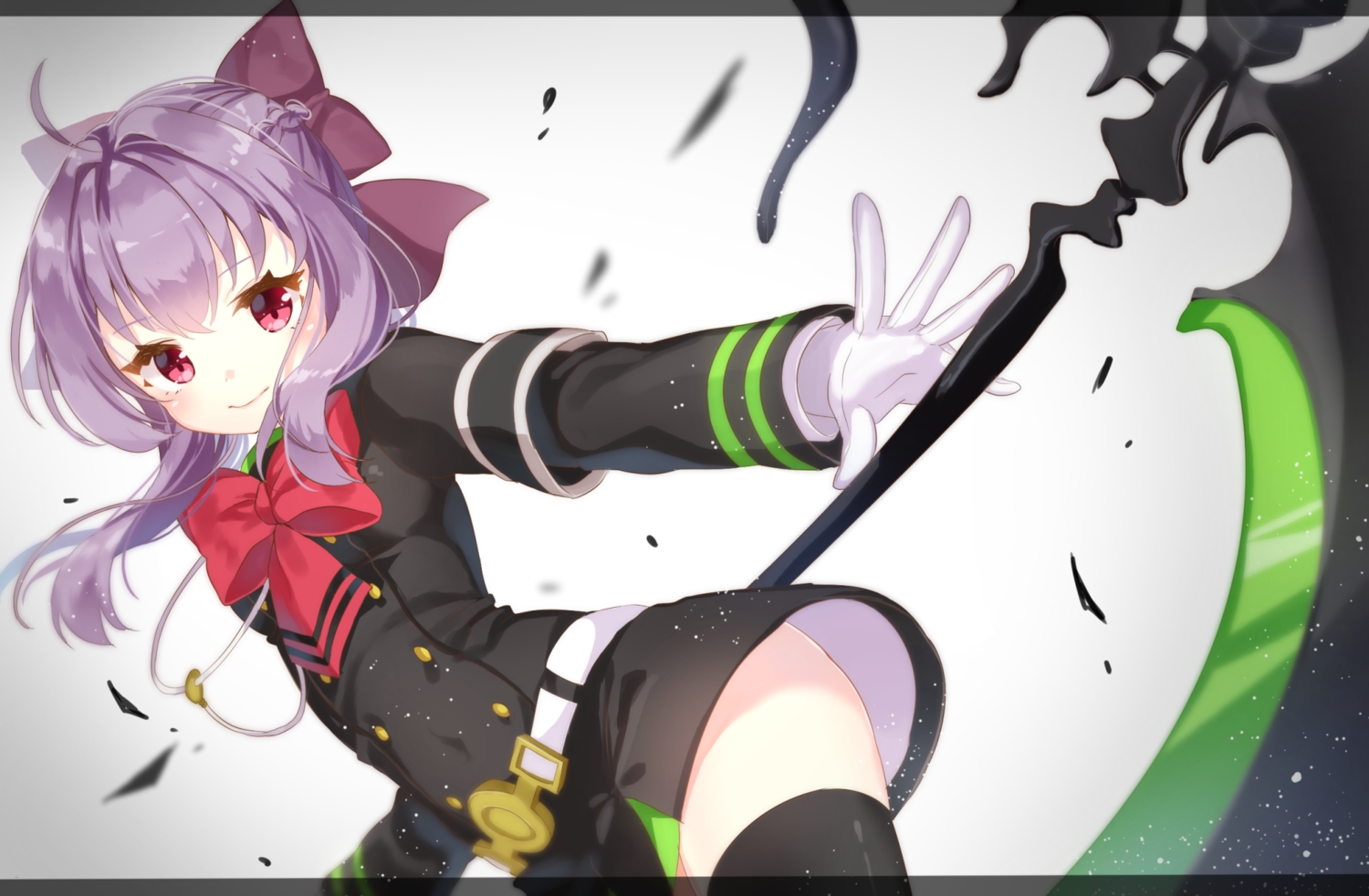 bow, hiiragi_shinoa, jimmy_madomagi, long_hair, owari_no_seraph, purple_hair, red_eyes, scythe, thighhighs, weapon