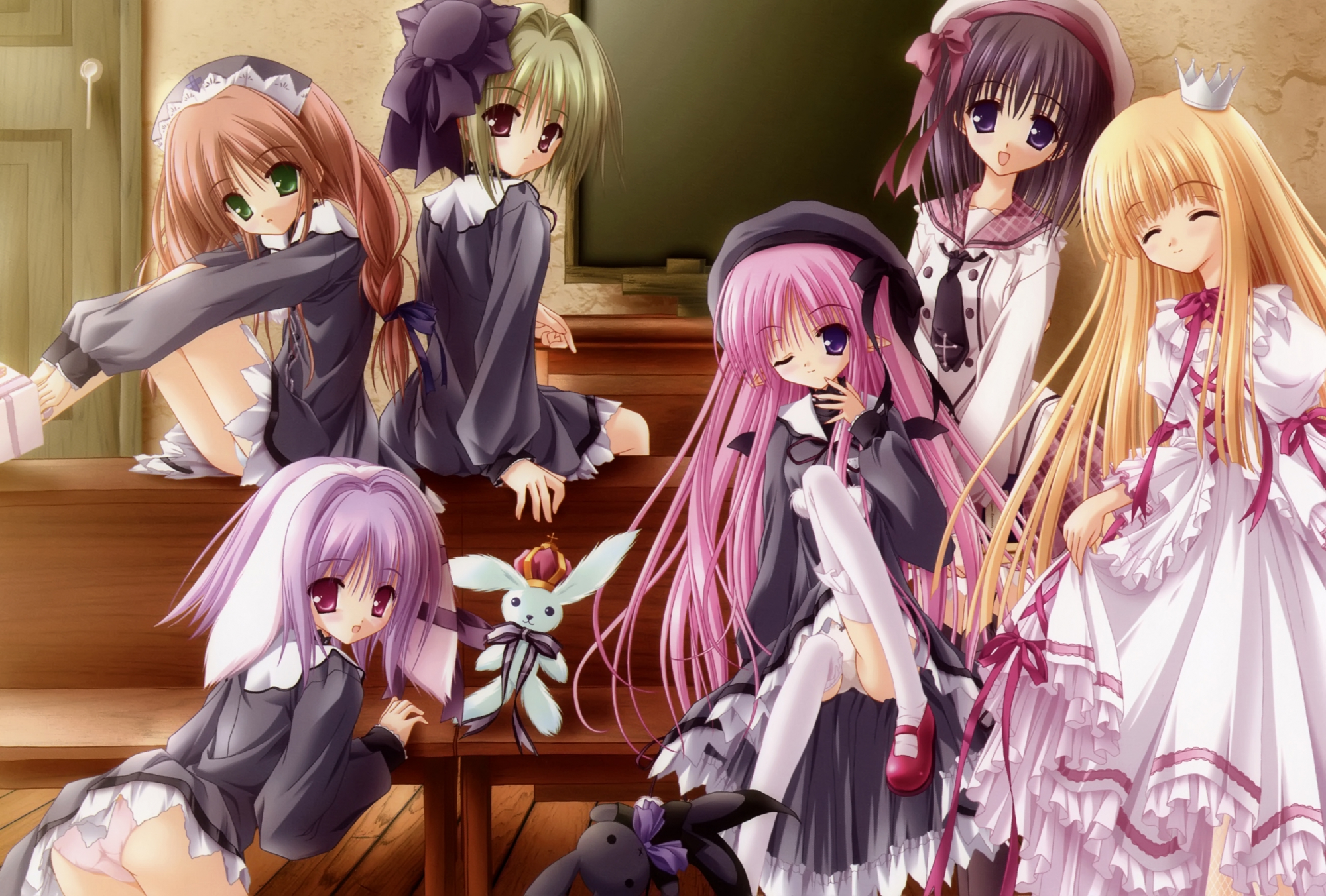 blonde_hair, dress, green_eyes, hat, magical_tale, panties, pink_hair, purple_hair