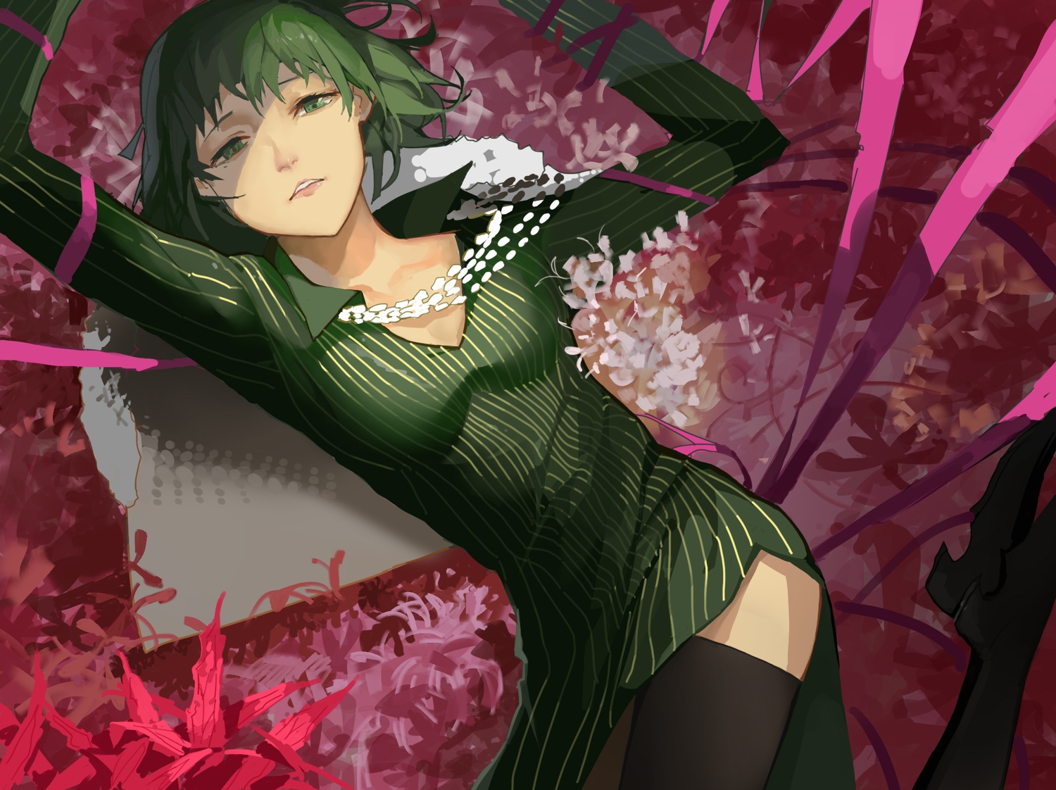 boots, dress, fubuki_(onepunch_man), green_eyes, green_hair, onepunch_man, short_hair, thighhighs