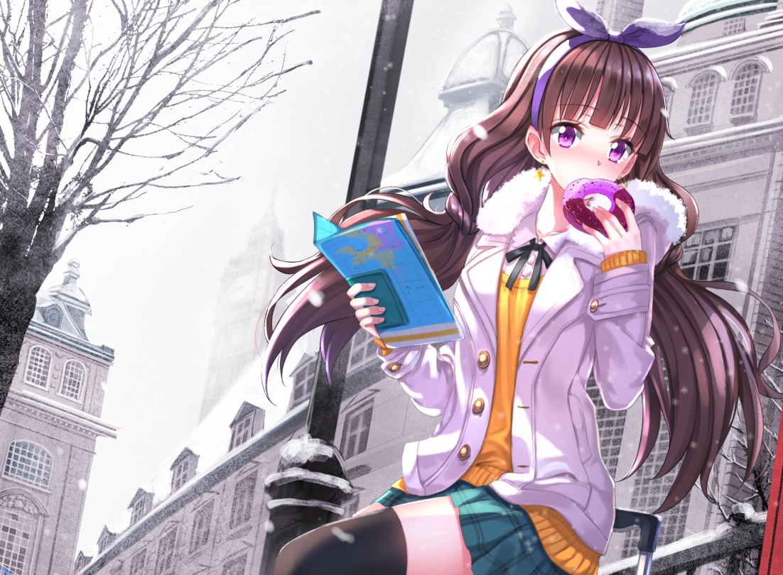 amanogawa_kirara, brown_hair, building, city, cropped, food, go!_princess_precure, headband, long_hair, paper, purple_eyes, school_uniform, snow, swordsouls, winter, zettai_ryouiki
