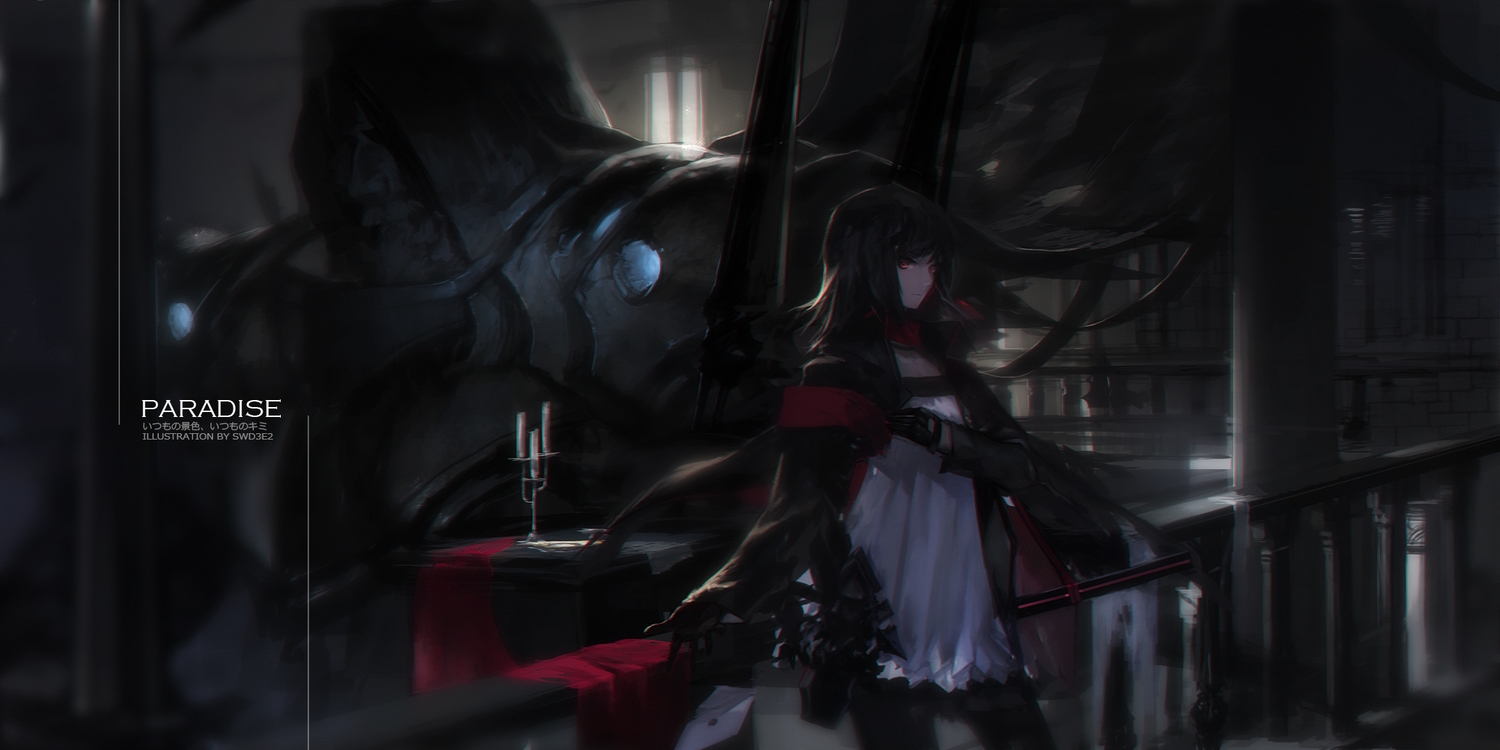 black_hair, dark, dress, gloves, original, pantyhose, paradise_(pffk), pixiv_fantasia