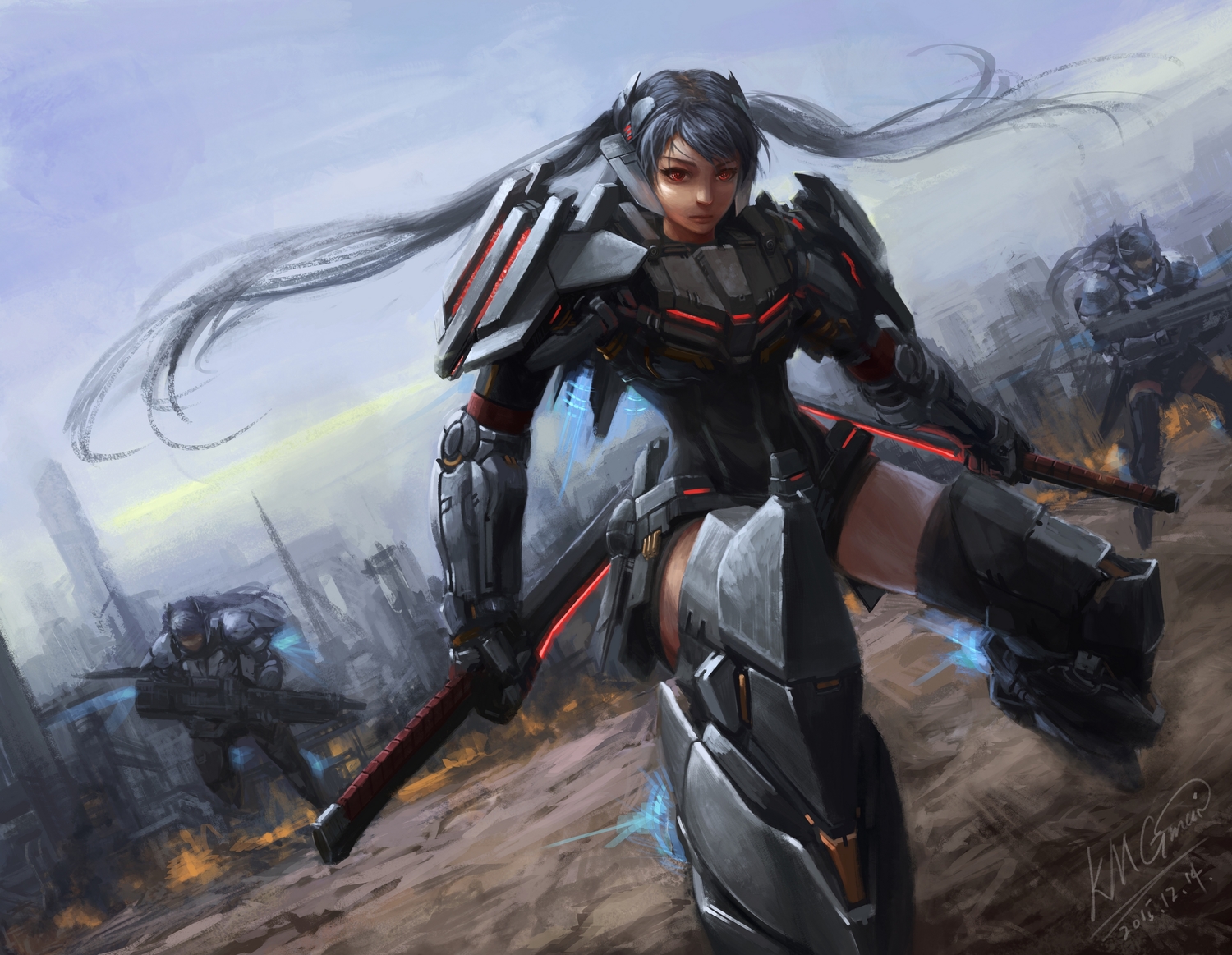 building, city, gray_hair, gun, long_hair, mechagirl, original, red_eyes