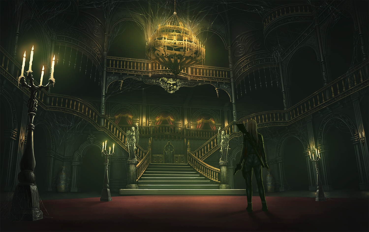 dark, green, gun, nauimusuka, original, scenic, stairs, weapon