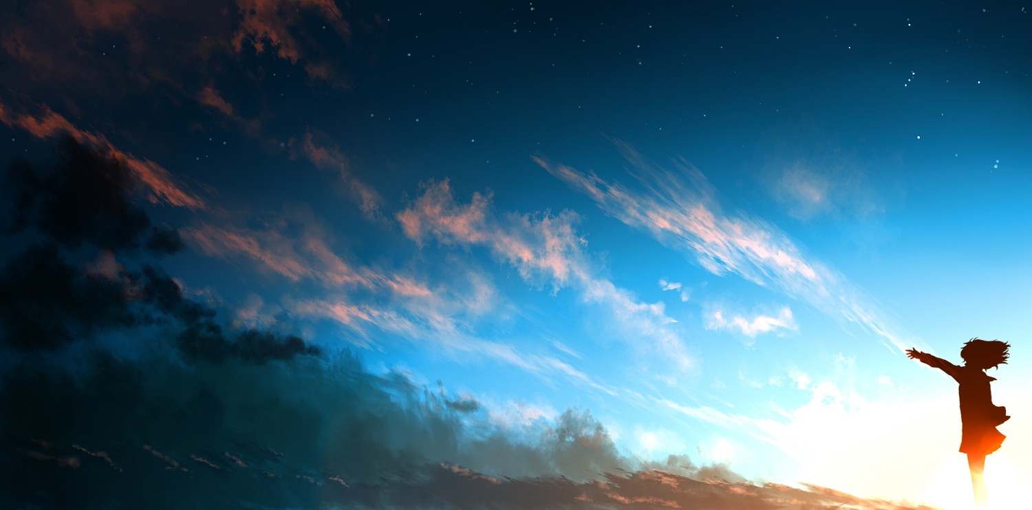 clouds, kibunya_39, kyoukai_no_kanata, original, silhouette, sky, stars, sunset
