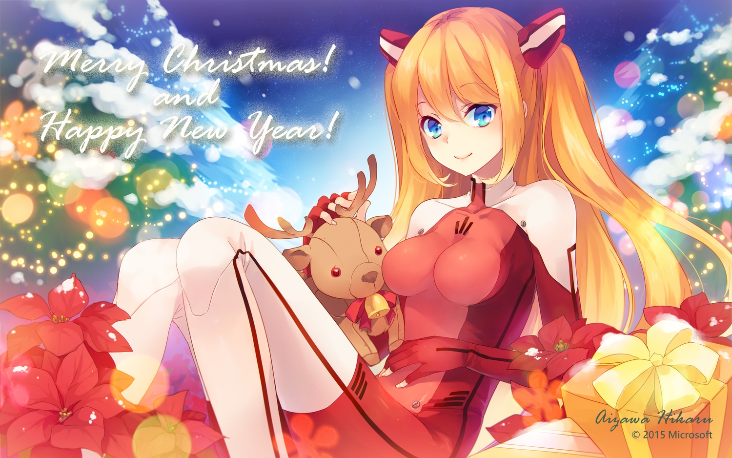 aizawa_hikaru, aqua_eyes, bodysuit, christmas, flowers, long_hair, microsoft, orange_hair