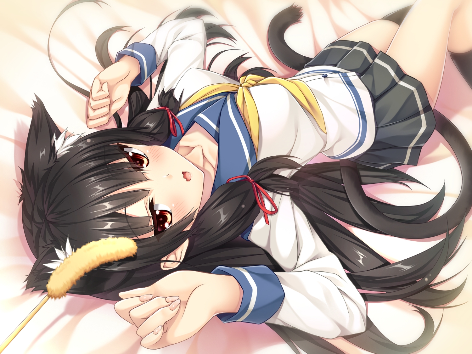 aliasing, animal_ears, anthropomorphism, black_hair, blush, catgirl, fang, isokaze_(kancolle)
