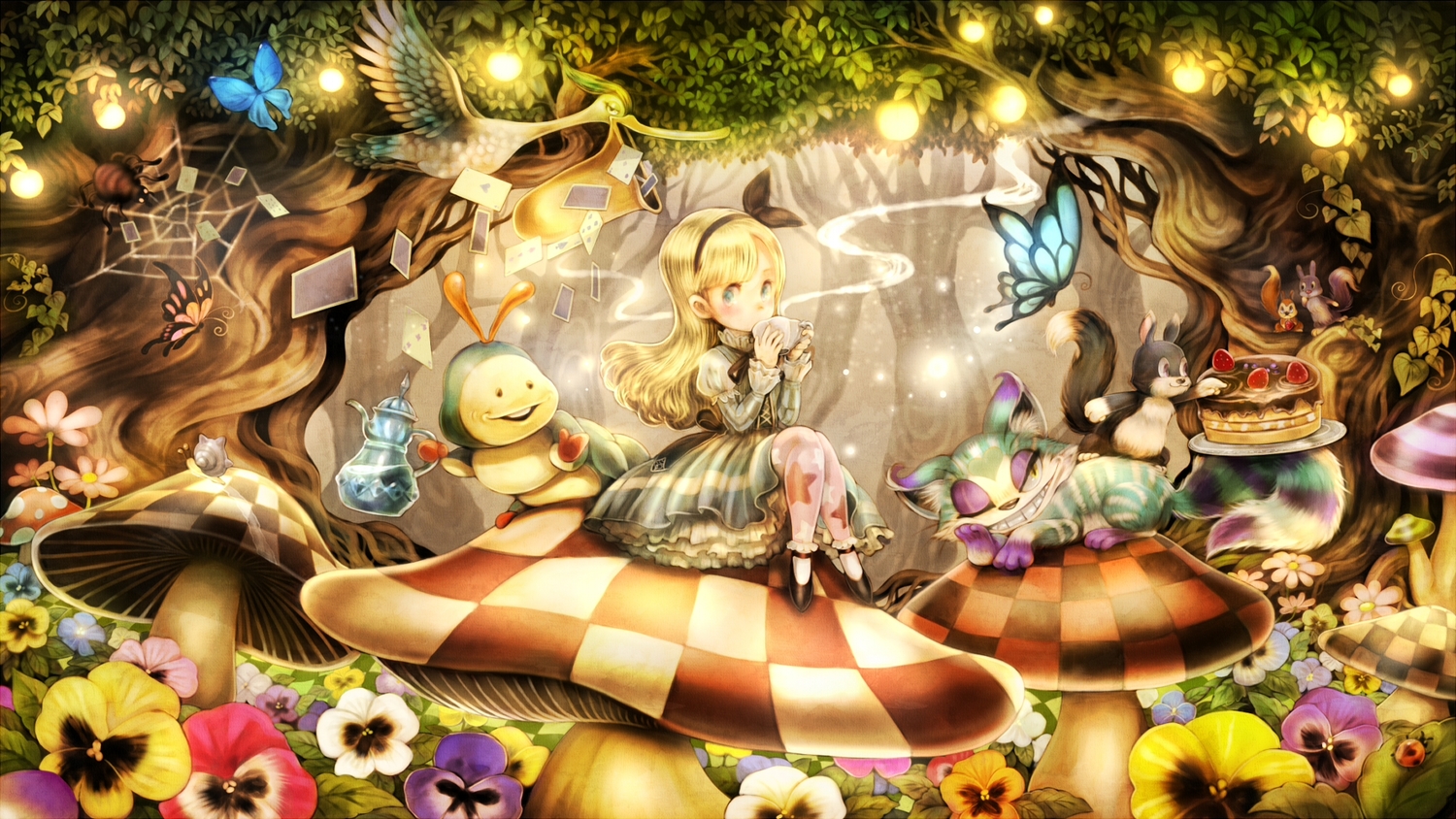 alice_in_wonderland, alice_(wonderland), animal, bird, blonde_hair, butterfly, cat, cheshire_cat