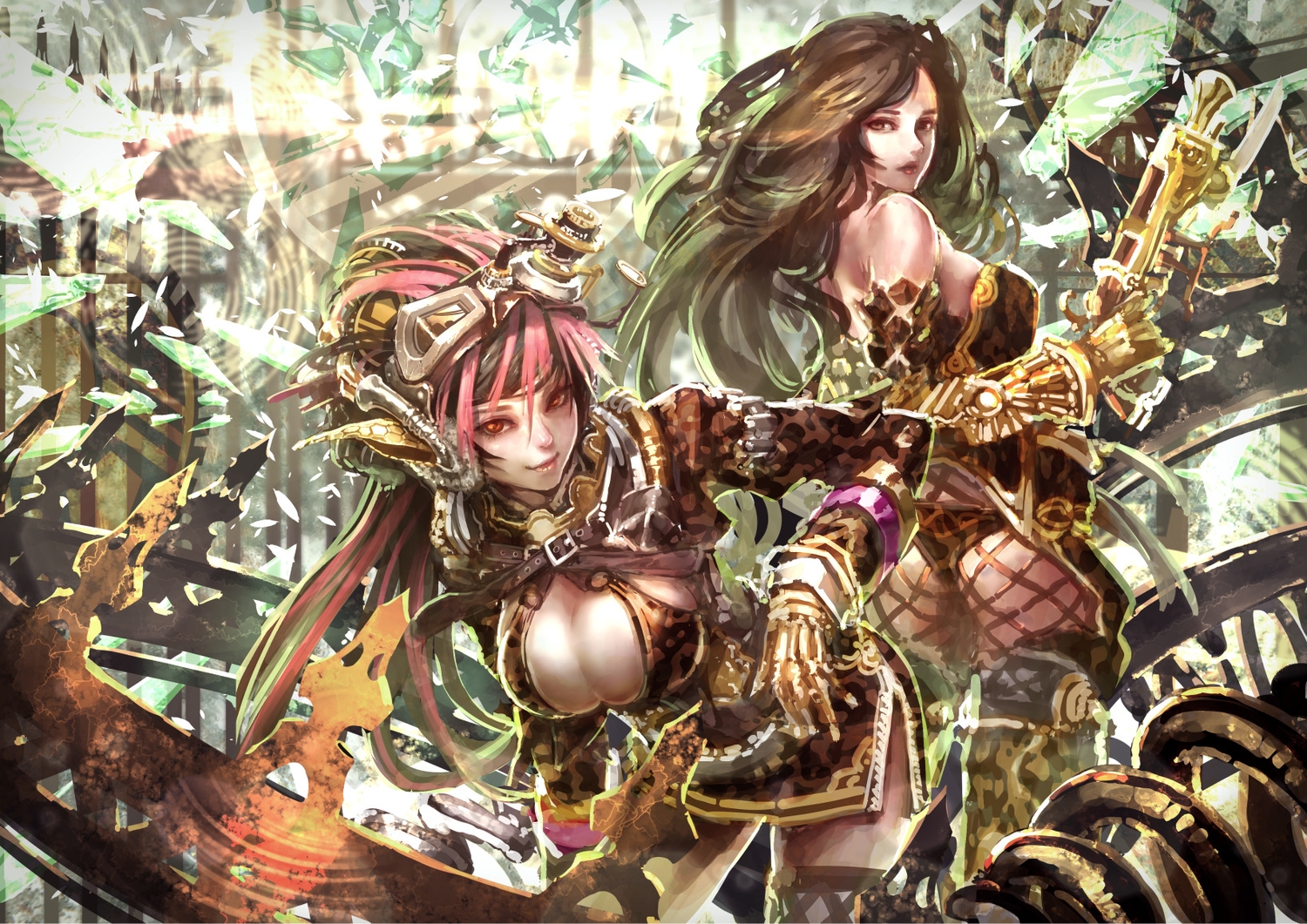 2girls, breasts, brown_hair, cleavage, gun, kaburagi_yasutaka, long_hair, original, pink_hair, red_eyes, weapon