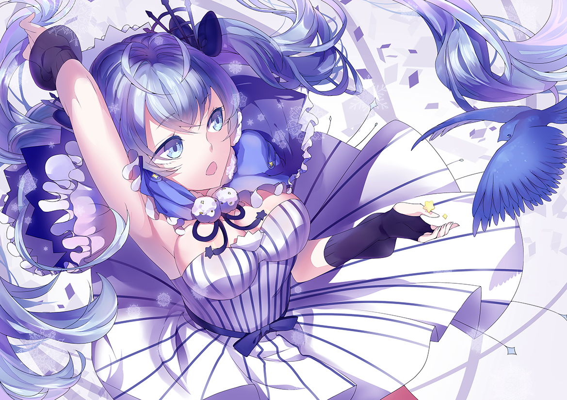 animal, bird, blue_eyes, blue_hair, breasts, canegouzi, cleavage, dress, fuyu_no_yoru_miku, gloves, hatsune_miku, long_hair, vocaloid