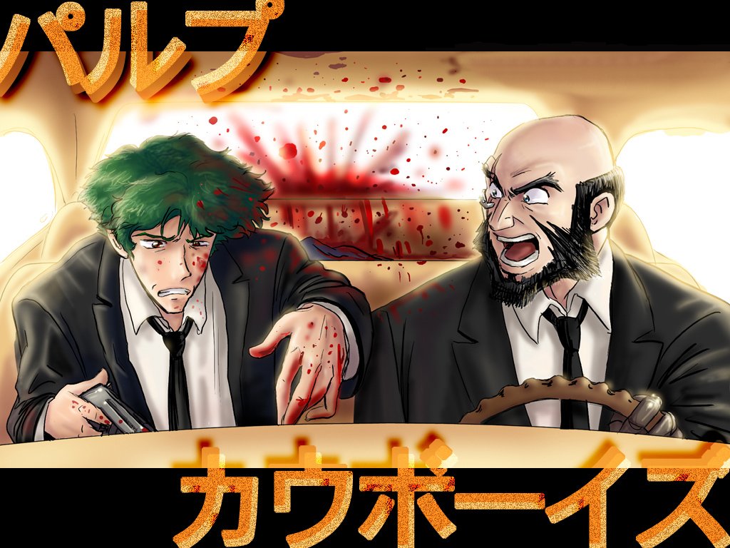 all_male, blood, cowboy_bebop, jet_black, jpeg_artifacts, male, parody, pulp_fiction, spike_spiegel