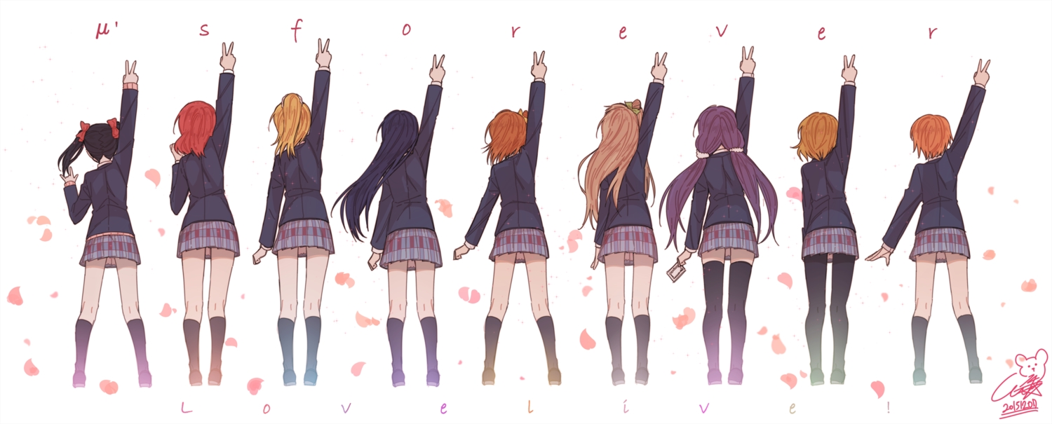 14_(vision5032), ayase_eri, black_hair, blonde_hair, bow, group, hoshizora_rin, kneehighs, koizumi_hanayo, kousaka_honoka, long_hair, love_live!_school_idol_project, minami_kotori, nishikino_maki, orange_hair, pantyhose, petals, pink_hair, ponytail, purple_hair, school_uniform, short_hair, signed, skirt, sonoda_umi, thighhighs, toujou_nozomi, twintails, yazawa_nico