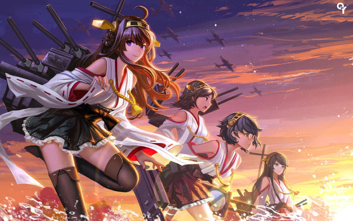 aircraft, anthropomorphism, black_hair, brown_eyes, brown_hair, close, glasses, group