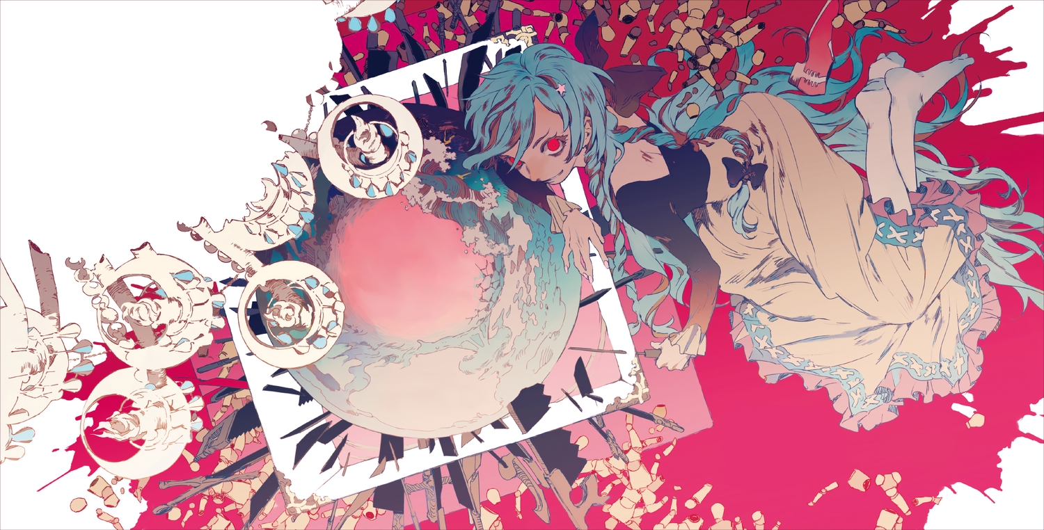 blue_hair, braids, dress, long_hair, original, polychromatic, red, red_eyes