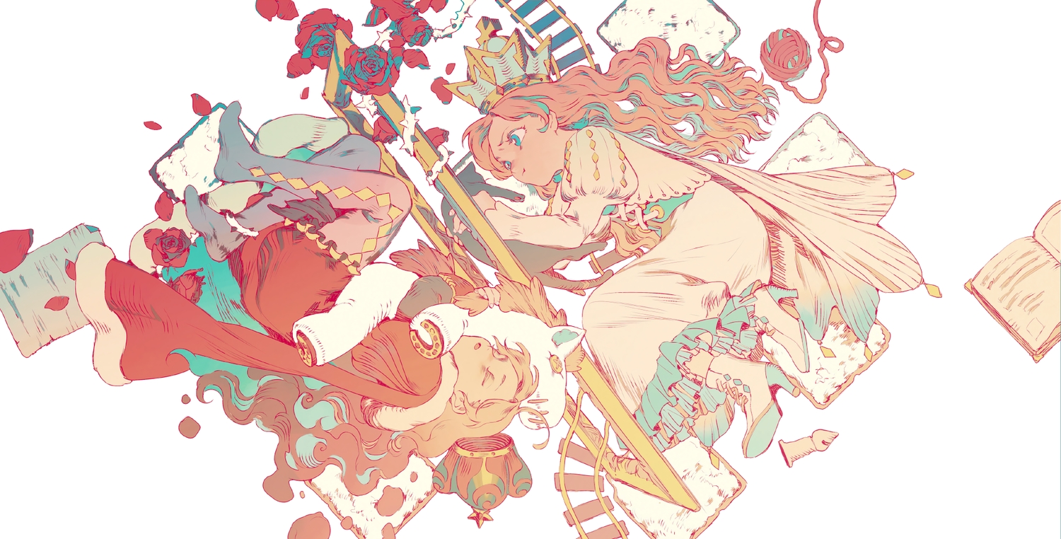 2girls, animal, aqua_eyes, blonde_hair, book, cat, crown, dress