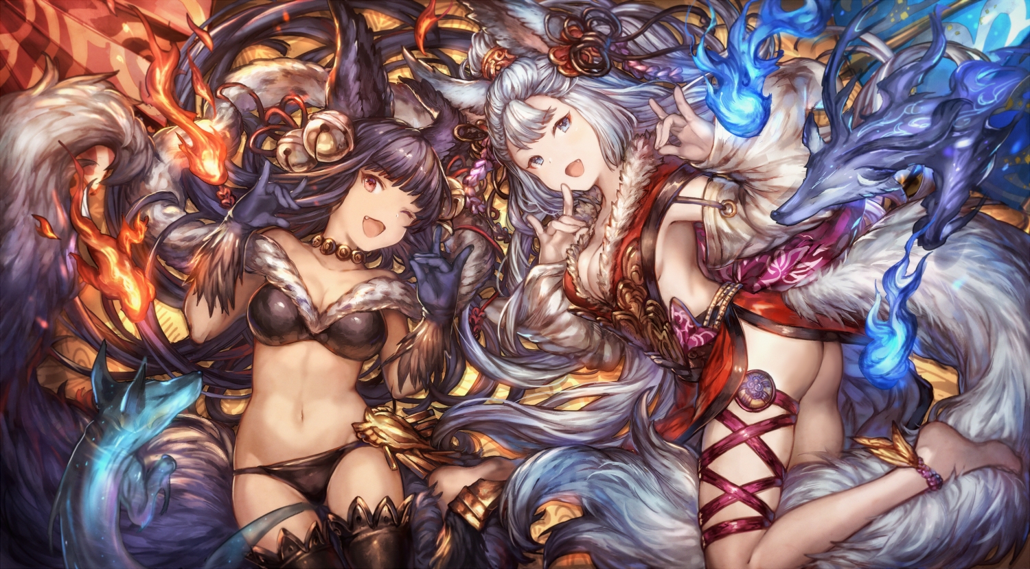 2girls, animal, animal_ears, ass, bell, bikini, black_hair, blue_eyes, breasts, choker, cleavage, fang, fire, fox, foxgirl, gloves, granblue_fantasy, gray_hair, headdress, long_hair, magic, navel, necklace, red_eyes, ribbons, shigaraki_(strobe_blue), sideboob, societte_(granblue_fantasy), swimsuit, tail, thighhighs, wink, yuel_(granblue_fantasy)