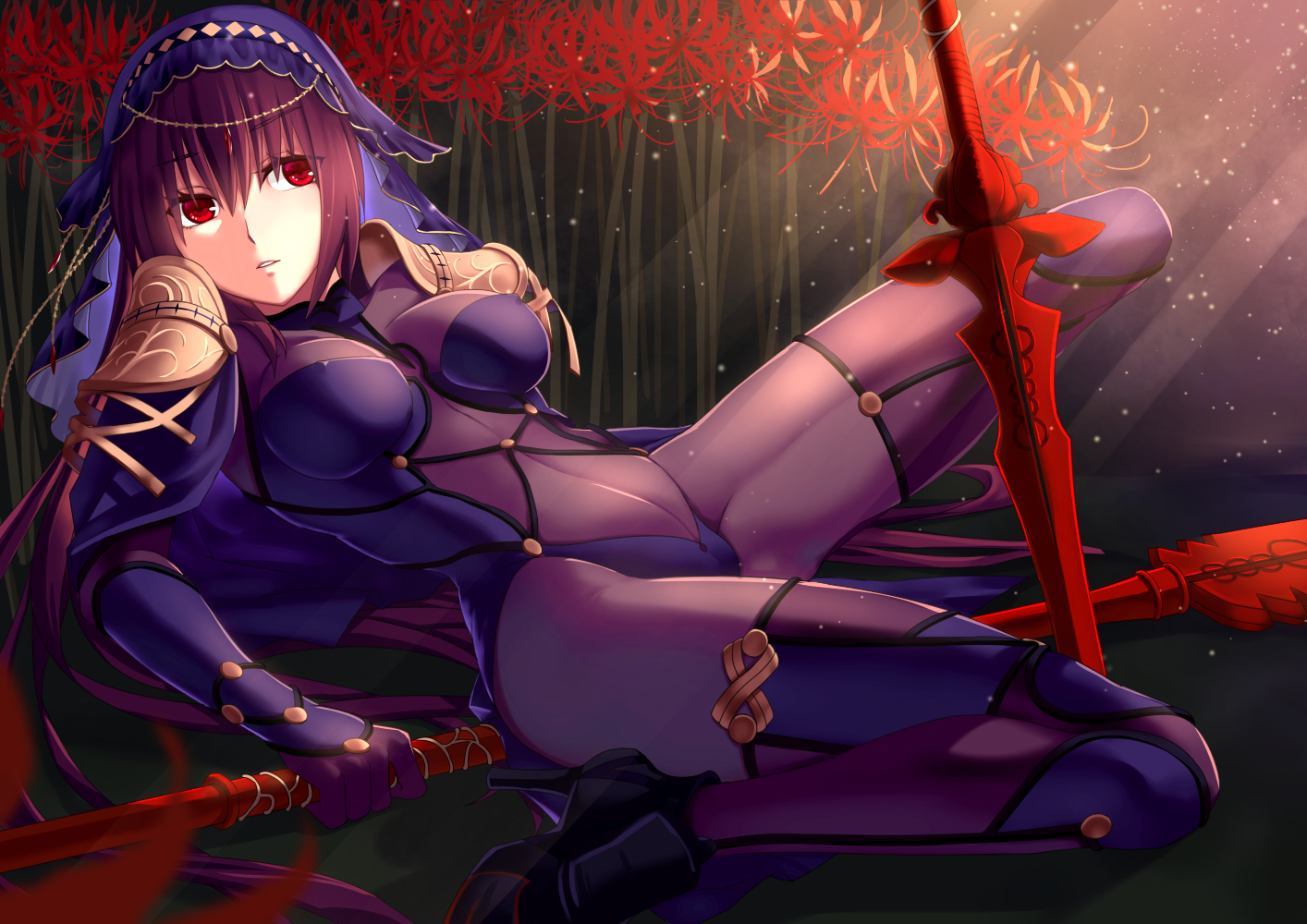 armor, bodysuit, erect_nipples, fate/grand_order, fate_(series), fate/stay_night, flowers, headdress, jh, long_hair, purple_hair, red_eyes, scathach_(fate/grand_order), skintight, spear, sword, weapon