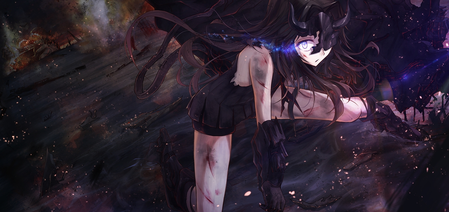 anthropomorphism, armor, bae.c, black_hair, blood, boots, gloves, horns, kantai_collection, light_cruiser_hime, long_hair, mask, torn_clothes