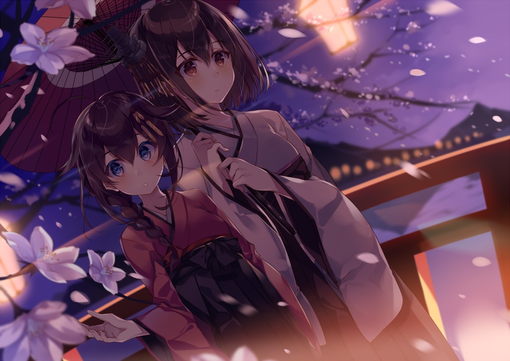 2girls, anthropomorphism, blue_eyes, braids, brown_eyes, brown_hair, flowers, japanese_clothes