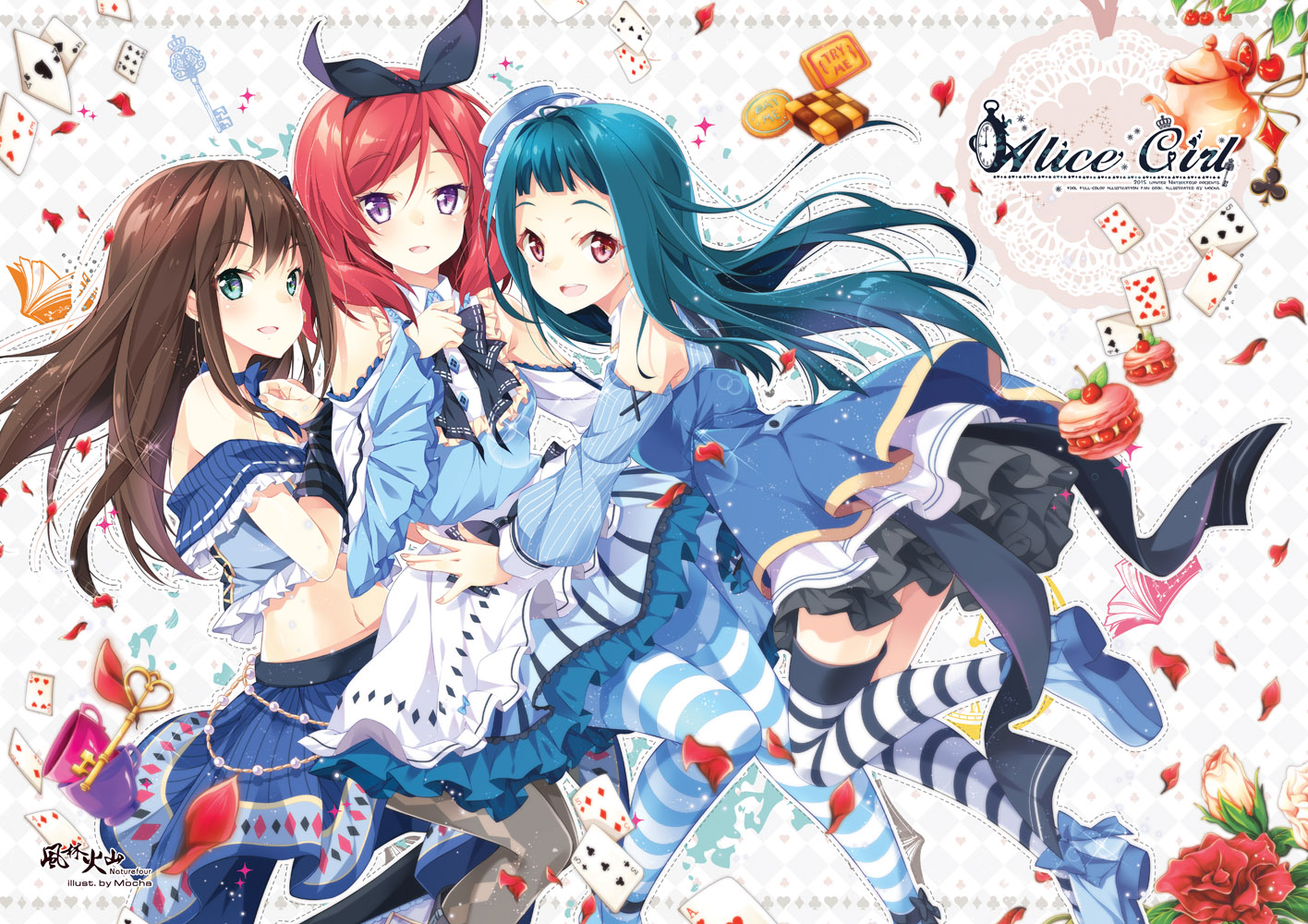 alice_in_wonderland, aqua_eyes, aqua_hair, brown_hair, crossover, dress, flowers, food