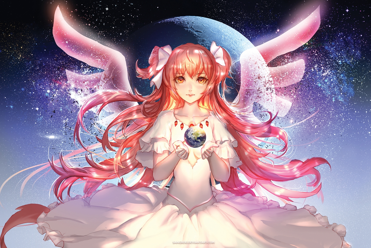 dress, earth, kaname_madoka, long_hair, mahou_shoujo_madoka_magica, orange_eyes, orange_hair, planet