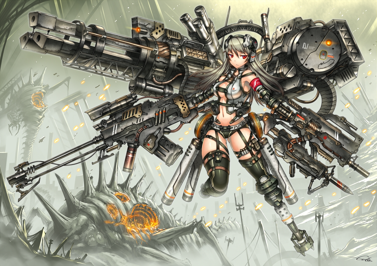 aliasing, breasts, cleavage, gia, gray_hair, gun, long_hair, navel