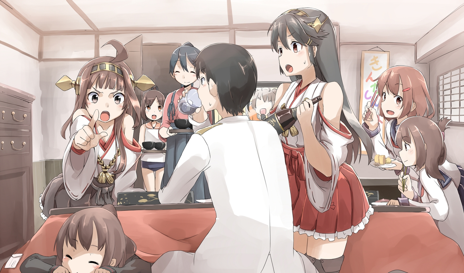 admiral_(kancolle), aliasing, anthropomorphism, drink, food, fumizuki_(kancolle), group, haruna_(kancolle)