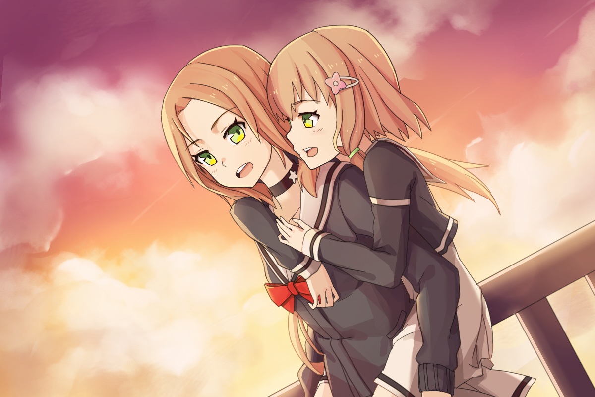 2girls, blonde_hair, choker, clouds, green_eyes, inubouzaki_fuu, inubouzaki_itsuki, long_hair